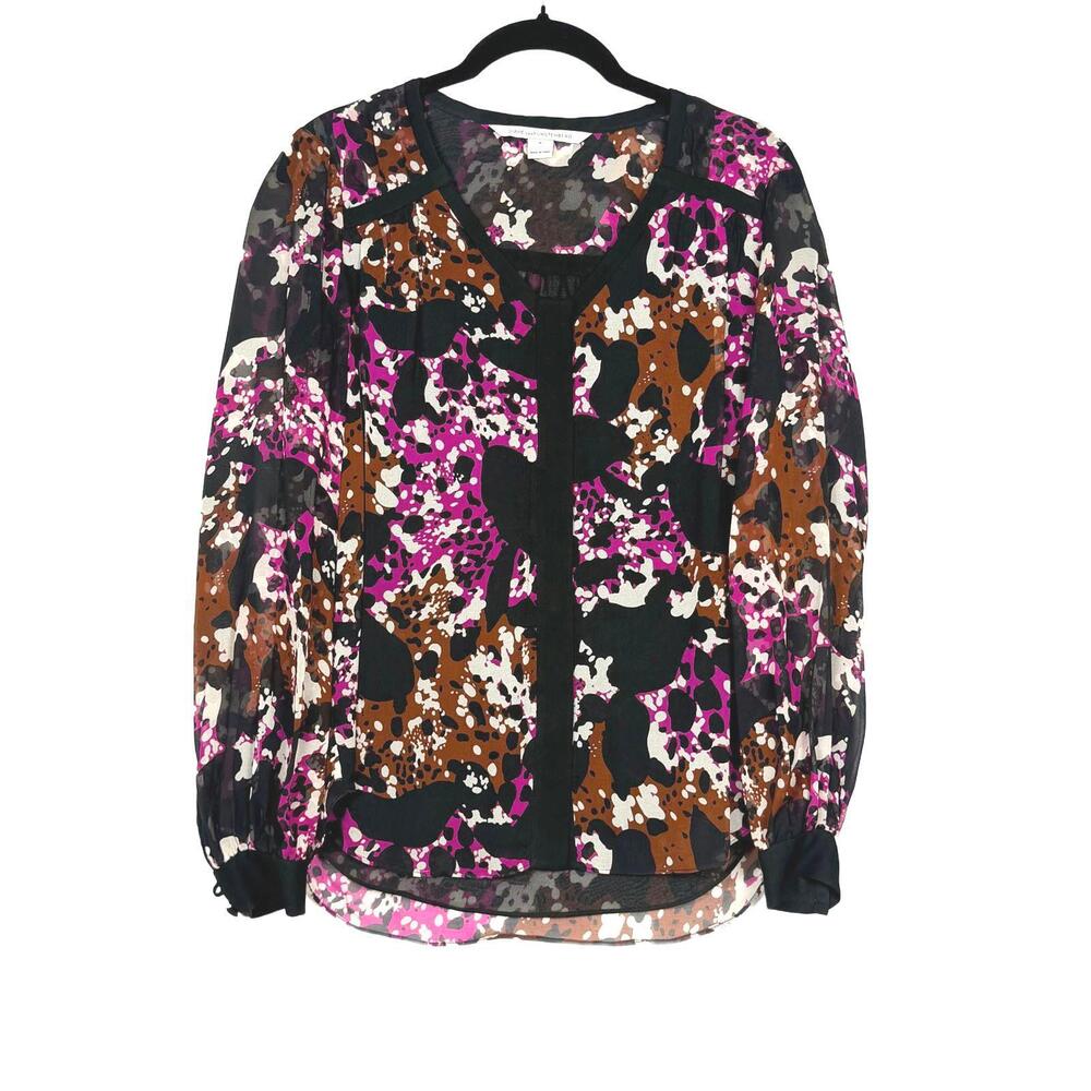 Diane von Furstenberg DVF Lorelei Silk Chiffon Blouse Cheetah Splash Pink Size 0